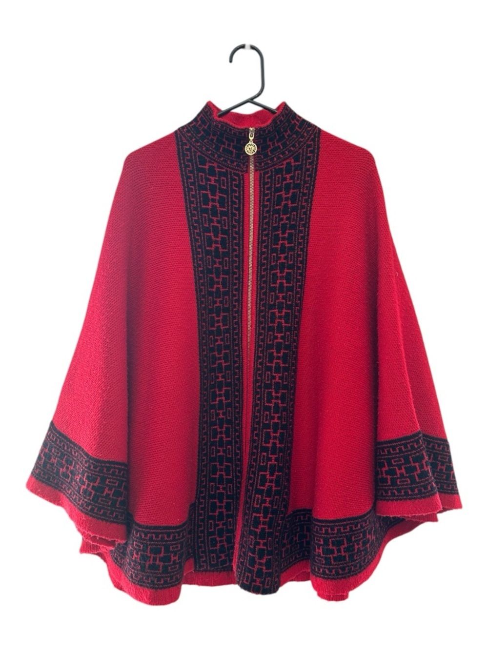 Anne Klein Red Knit Poncho with Black Geometric Trim Size Medium